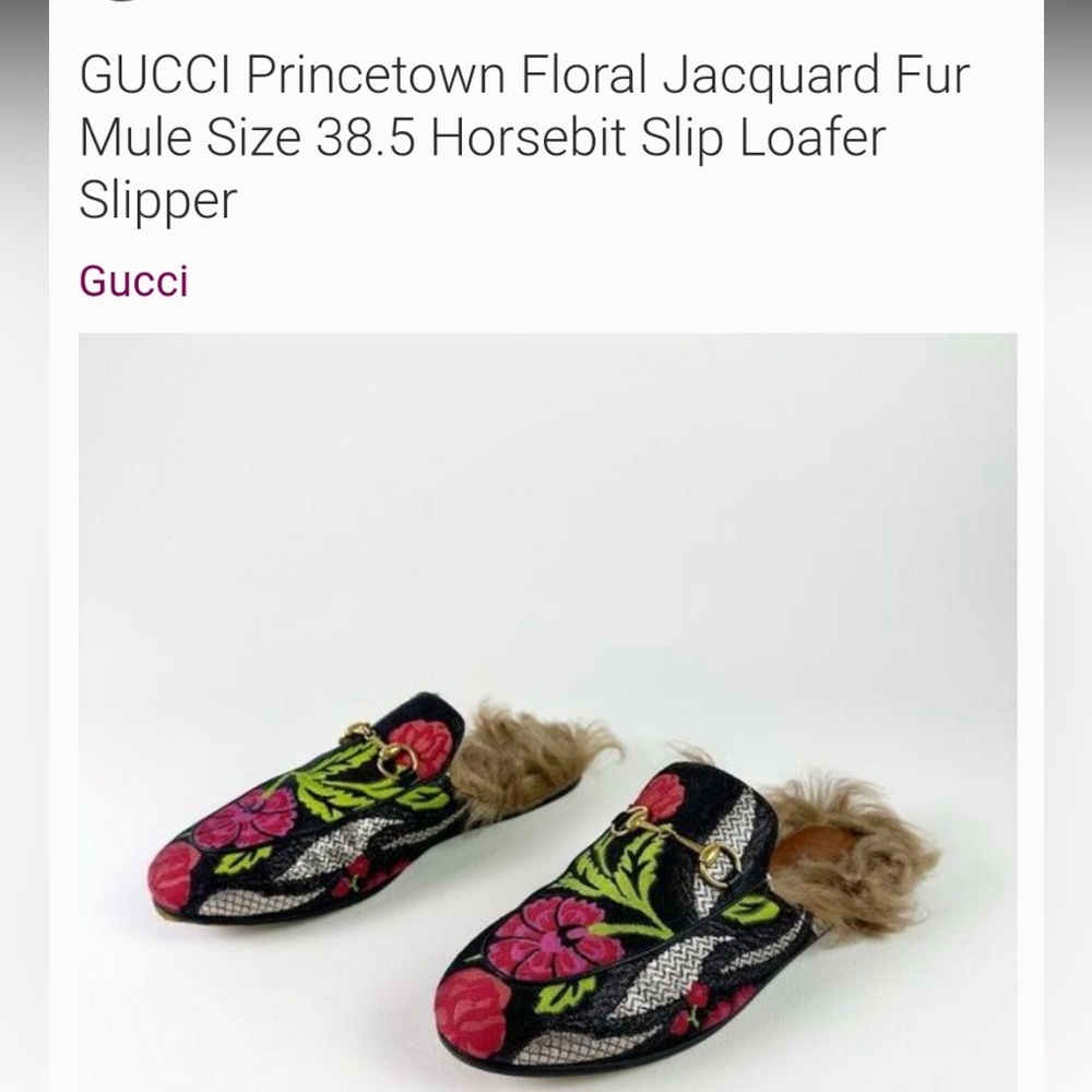 Gucci Princetown Fur Loafers 38.5 Black Pink Floral Brocade Mules Slides - Picture 4 of 4